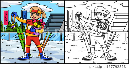 Female Biathlete Medal Bouquet Illustration Female Biathlete Medal Bouquet Illustration 127792828
