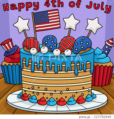 Happy 4th of July Cake Colored Cartoon  127792849