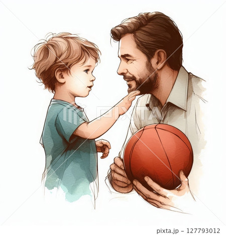 Father and son bonding moment with basketball. Watercolor digital illustration of parenting and family connection 127793012