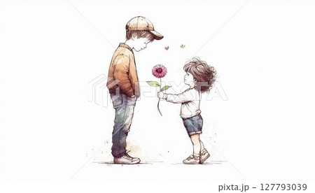 Boy and girl sharing a flower. Watercolor illustration of childhood, kindness, friendship, and gratitude. Sibling love and emotional bonding 127793039