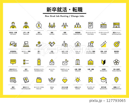 就活・新卒採用・転職のアイコンのセット　就職活動　求人情報　求人サイト　面接　説明会　就活生　人事 127793065