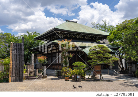 Main building of Isshin-ji Temple surrounded by garden in Osaka, Japan 127793091