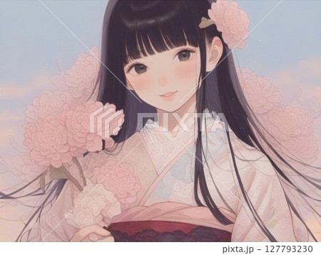 ダリアの花と少女　水彩画風7 127793230