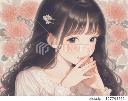 ダリアの花と少女　水彩画風6 127793231