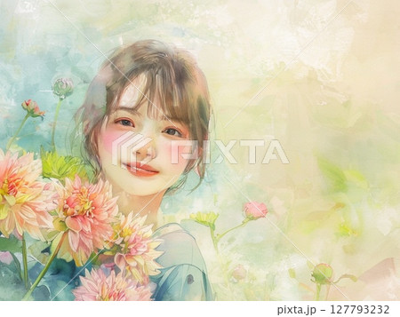ダリアの花と少女　水彩画風5 127793232