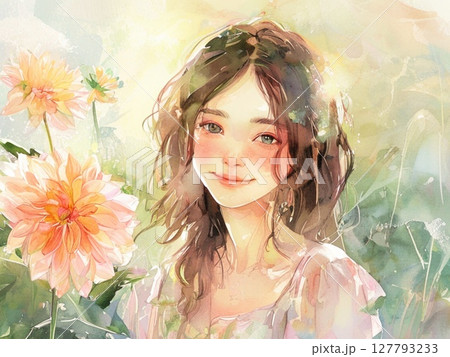 ダリアの花と少女　水彩画風4 127793233