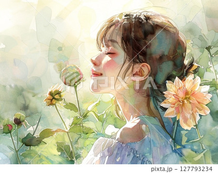 ダリアの花と少女　水彩画風3 127793234