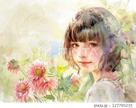 ダリアの花と少女　水彩画風2 127793235
