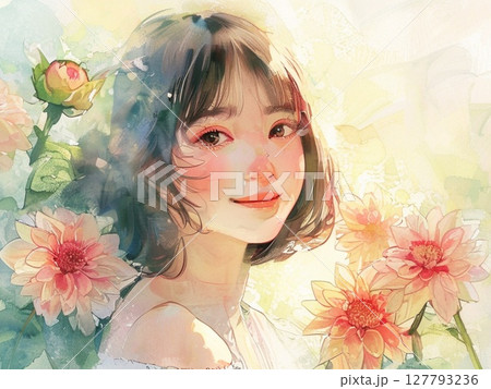 ダリアの花と少女　水彩画風1 127793236