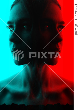 Dark face silhouette of beautiful and sexy woman in RGB color split effect style 127793271