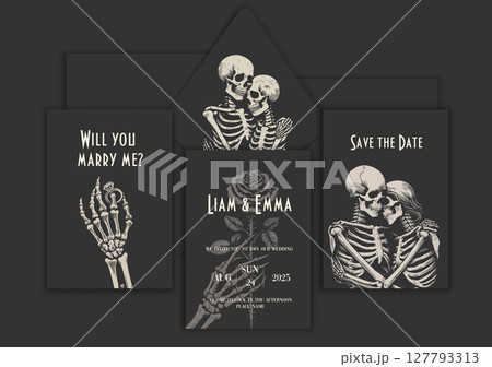 Wedding invitation with skeleton lovers. Save the date. Wedding illustration. Vector Illustration with Skulls of Bride and Groom. 127793313
