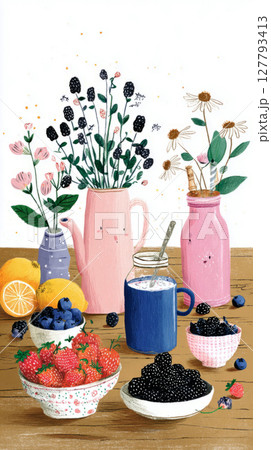 A cozy summer setup displays a wooden table adorned with various drinks in glasses and a pitcher, accompanied by an array of fresh strawberries, blueberries, and oranges A cozy summer setup displays a wooden table adorned with various drinks in glasses and a pitcher, accompanied by an array of fresh strawberries, blueberries, and oranges 127793413