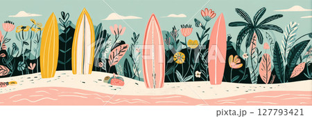 Colorful surfboards stand upright on a sandy beach amidst lush tropical foliage and flowers. The scene captures a lively summer atmosphere, inviting beachgoers to enjoy the seaside 127793421