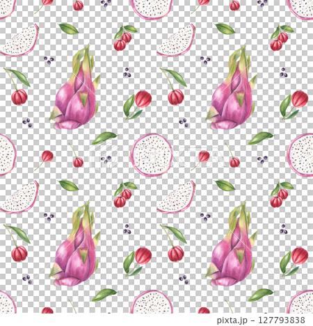 Dragon fruit with red berries watercolor seamless pattern isolated background. Pink pitahaya and red acerola ornate for summer textile, healthy juice labels, and tropical recipe book 127793838