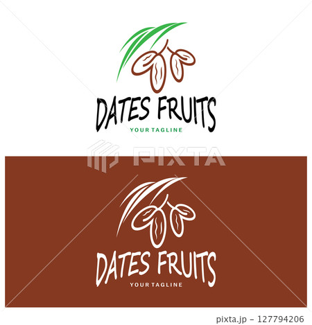Date palm fruit plant logo design with leaves,seeds and date palm tree isolated background exotic organic plant. 127794206