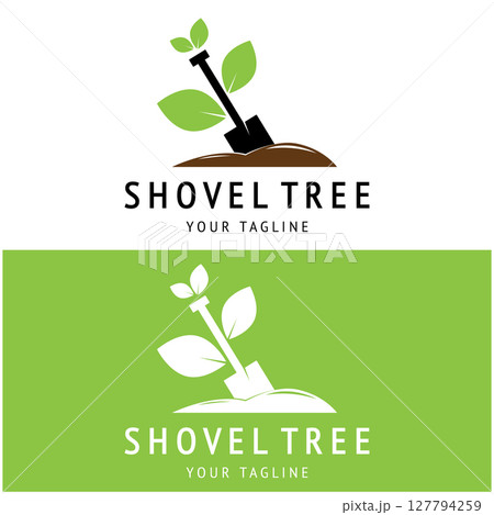 Shovel logo for agriculture, excavation,building, mining foundation. gardening vector set design with leaves 127794259