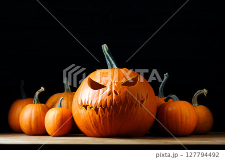 Halloween composition with carved jack-o-lantern pumpkin in center 127794492