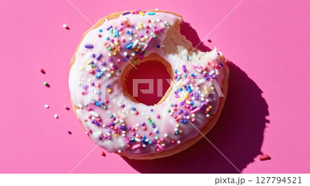 Pink Frosted Donut with Sprinkles on Vibrant Background Pink Frosted Donut with Sprinkles on Vibrant Background 127794521