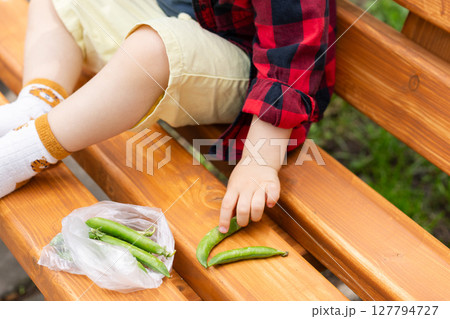 Little child eats fresh green peas. Selective focus, defocus. 127794727