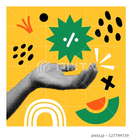 Money collage card. Financial bank. Comic halftone dotted hand. Media post design. Shopping sale. Profit percent on palm arm. Cash bonus. Abstract minimal shapes. Vector tidy economy doodle banner 127794739