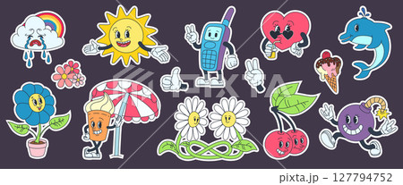 Doodle 90s sticker. Cartoon character. Dolphin and chamomile flower. Cute summer sun. Ice cream. Phone smile. Retro emoji. Abstract shape. Groovy fun. Psychedelic sign. Vector Y2K flat elements set 127794752