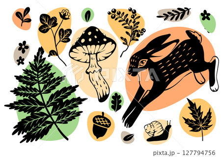 Autumn forest. Wild animal. Plant leaves. Hand drawn decorative natural design. Black silhouette hare. Mushrooms and oak acorns. Seasonal pattern of box product. Fern and berry. Vector elements set Autumn forest. Wild animal. Plant leaves. Hand drawn decorative natural design. Black silhouette hare. Mushrooms and oak acorns. Seasonal pattern of box product. Fern and berry. Vector elements set 127794756