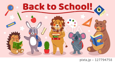 School character. Back to class. Cute animal reading book. Studying stationery or textbook. Elementary education. Student mascot with backpack. Baby learning. Vector cartoon children tidy illustration 127794758