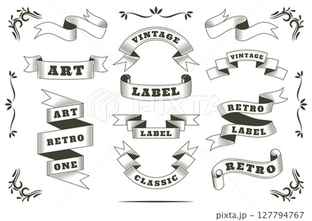 Vintage banner. Retro frame, curling scroll ribbon label, ornate scroll. Hand-drawn calligraphy design. Antique badge, curved emblem. Swirl flags with text, flattering tape. Vector classic garish set 127794767