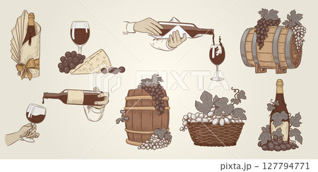 Wine glass. Bottle hand drawn sketch. Wooden barrel on vintage menu. Icon pub. Winery logo. Engraved vineyard. Pouring alcohol into wineglass. Vine leaves. Basket with berries. Vector bar background 127794771