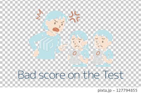 Illustration of a mother getting angry at her child for getting a zero on a test Illustration of a mother getting angry at her child for getting a zero on a test 127794855