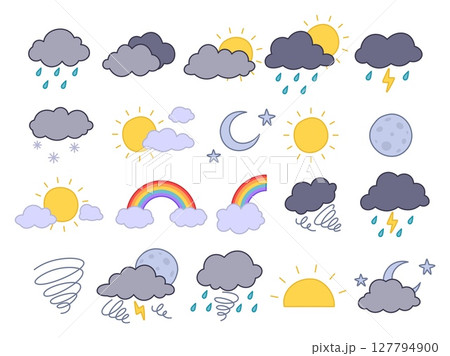 Weather icon. Climate forecast signs. Sunshine, rainbow, wind storm, cloud elements. Mon and wind. Thunderstorm sign. Meteorology design. Seasonal climate data sign. Vector cartoon style isolated set 127794900