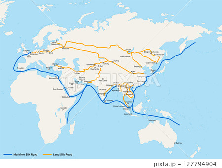 New Silk Road, map of the Belt and Road Economic Corridor and its pathway cities. The Belt and Road Initiative, a global infrastructure development strategy adopted by the government of China in 2013. New Silk Road, map of the Belt and Road Economic Corridor and its pathway cities. The Belt and Road Initiative, a global infrastructure development strategy adopted by the government of China in 2013. 127794904