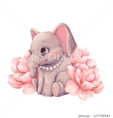 Adorable Baby Elephant with Pink Flowers and Pearl Necklace , hand-drawn illustration Adorable Baby Elephant with Pink Flowers and Pearl Necklace , hand-drawn illustration 127794945