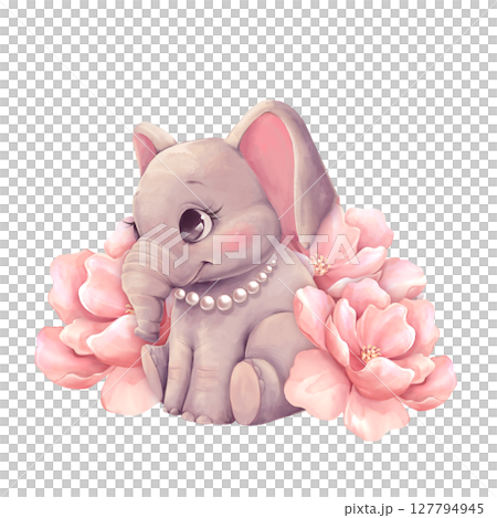 Adorable Baby Elephant with Pink Flowers and Pearl Necklace , hand-drawn illustration Adorable Baby Elephant with Pink Flowers and Pearl Necklace , hand-drawn illustration 127794945