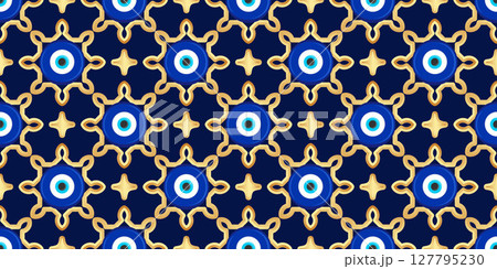 Evil eye seamless pattern. Turkish vector background with blue beads and magic nazar. Mystic Greek amulet is the symbol of protection and luck. Arabic and Mediterranean ethnic wallpaper Evil eye seamless pattern. Turkish vector background with blue beads and magic nazar. Mystic Greek amulet is the symbol of protection and luck. Arabic and Mediterranean ethnic wallpaper 127795230