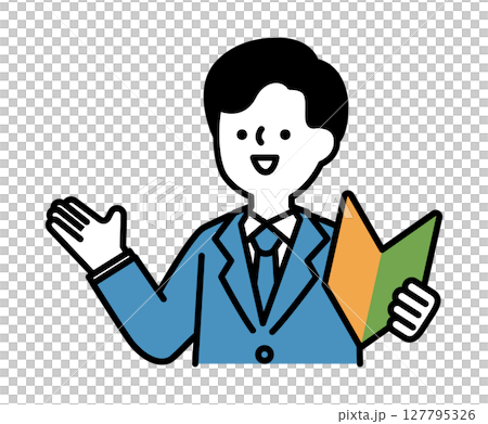 初心者マークを持って笑顔で話すスーツのビジネスパーソンの男性のベクターイラスト 初心者マークを持って笑顔で話すスーツのビジネスパーソンの男性のベクターイラスト 127795326