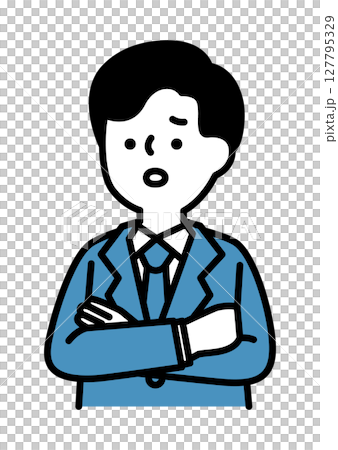 Vector illustration of a male business person with folded arms and a troubled face Vector illustration of a male business person with folded arms and a troubled face 127795329