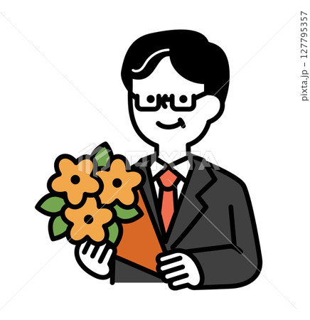 花束を持っている笑顔のスーツのシニア世代男性のベクターイラスト 花束を持っている笑顔のスーツのシニア世代男性のベクターイラスト 127795357