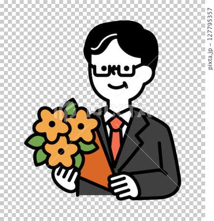 花束を持っている笑顔のスーツのシニア世代男性のベクターイラスト 花束を持っている笑顔のスーツのシニア世代男性のベクターイラスト 127795357