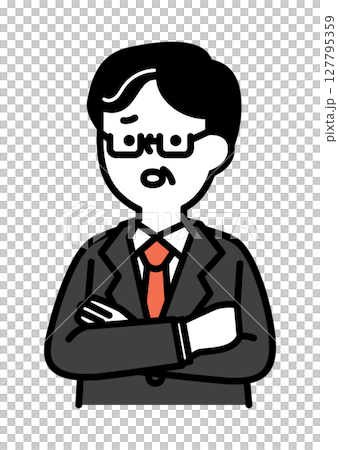腕を組んで困り顔のビジネスパーソンのシニア世代男性のベクターイラスト 127795359