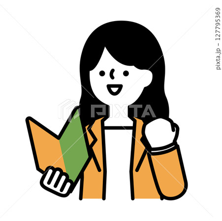 初心者マークを持って笑顔で応援するスーツのビジネスパーソンの女性のベクターイラスト 127795369
