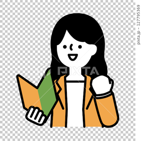 初心者マークを持って笑顔で応援するスーツのビジネスパーソンの女性のベクターイラスト 127795369