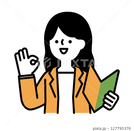 初心者マークを持ってポジティブなポーズをとる笑顔のビジネスパーソンの女性のベクターイラスト 初心者マークを持ってポジティブなポーズをとる笑顔のビジネスパーソンの女性のベクターイラスト 127795370