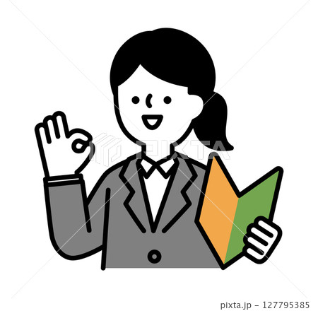 初心者マークを持ってポジティブなポーズをとる笑顔のビジネスパーソンの女性のベクターイラスト 初心者マークを持ってポジティブなポーズをとる笑顔のビジネスパーソンの女性のベクターイラスト 127795385