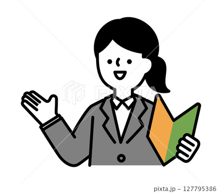 初心者マークを持って笑顔で話すスーツのビジネスパーソンの女性のベクターイラスト 初心者マークを持って笑顔で話すスーツのビジネスパーソンの女性のベクターイラスト 127795386