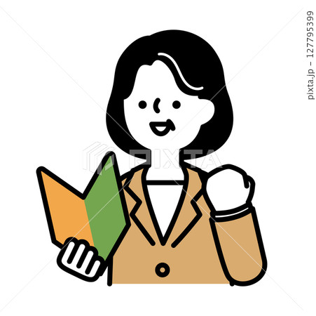 初心者マークを持って笑顔で応援するビジネスパーソンのミドル・シニア世代女性のベクターイラスト 初心者マークを持って笑顔で応援するビジネスパーソンのミドル・シニア世代女性のベクターイラスト 127795399
