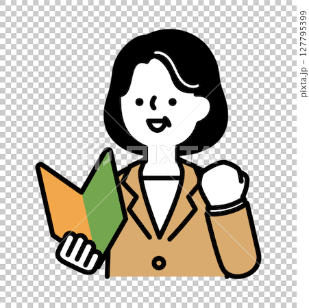 初心者マークを持って笑顔で応援するビジネスパーソンのミドル・シニア世代女性のベクターイラスト 初心者マークを持って笑顔で応援するビジネスパーソンのミドル・シニア世代女性のベクターイラスト 127795399