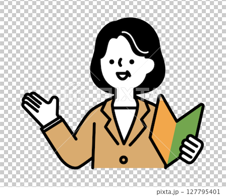 Vector illustration of a middle-aged and senior woman in a suit holding a beginner's mark and smiling 127795401