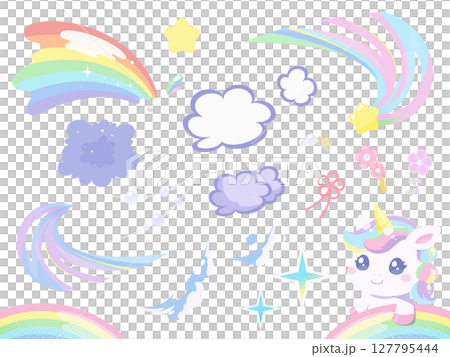 ユニコーンと装飾のイラスト素材セット ユニコーンと装飾のイラスト素材セット 127795444