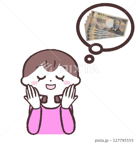 お金を楽しみにしている女性のイラスト 127795555